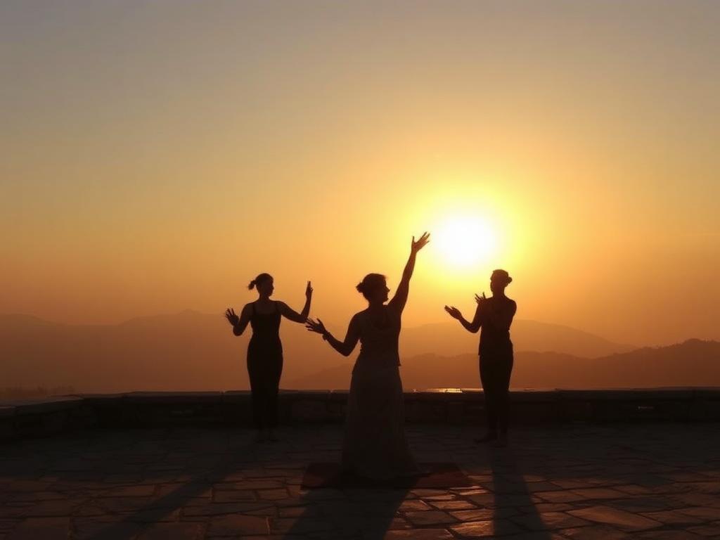 Silhouettes practicing breathwork on a stone terrace at sunrise